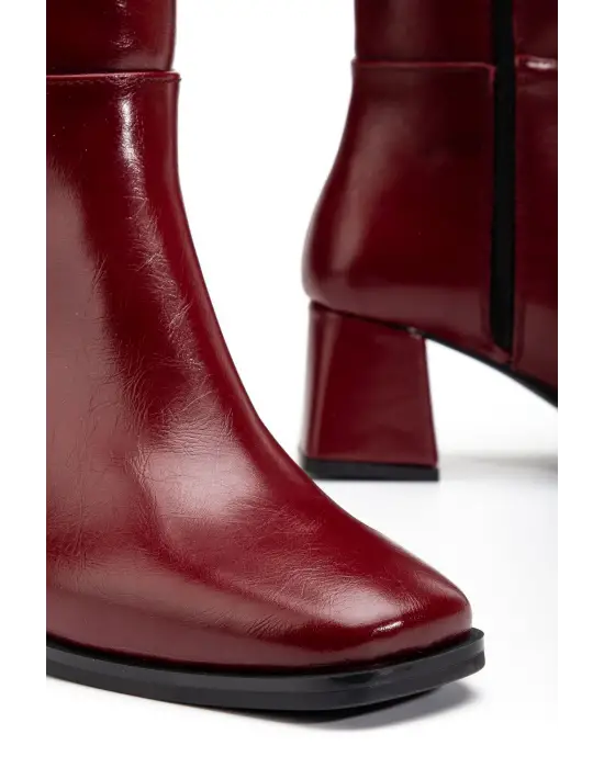 4804 Bordo Kırışık Rugan Fermuarlı Günlük Bayan Çizme