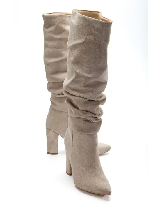 4807 Bej Süet Sivri Burun Körüklü Kalın Topuk Günlük Kadın Çizme