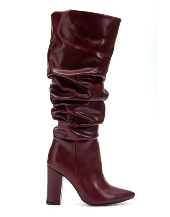 4807 Bordo Kırışık Sivri Burun Körüklü Kalın Topuk Günlük Kadın Çizme