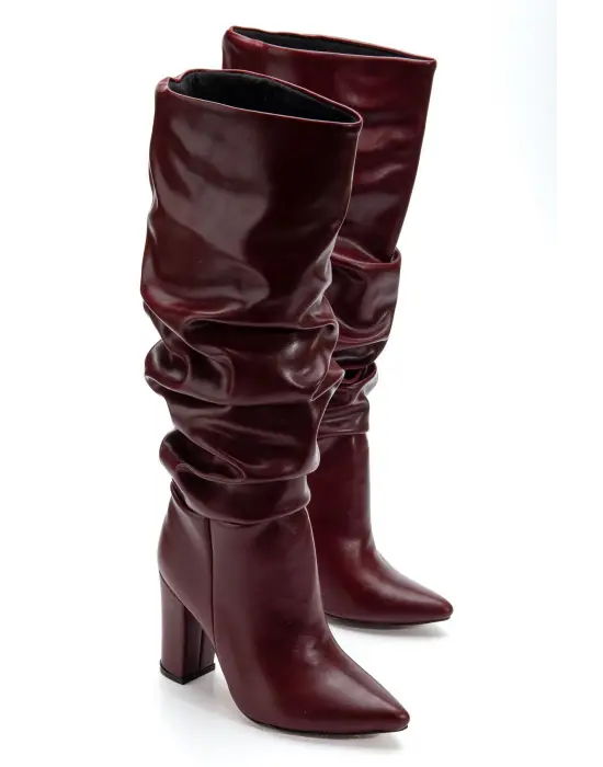 4807 Bordo Kırışık Sivri Burun Körüklü Kalın Topuk Günlük Kadın Çizme