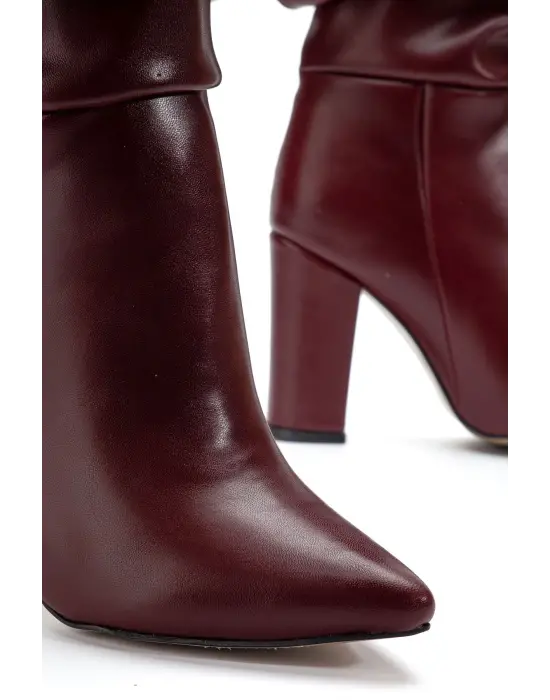 4807 Bordo Kırışık Sivri Burun Körüklü Kalın Topuk Günlük Kadın Çizme