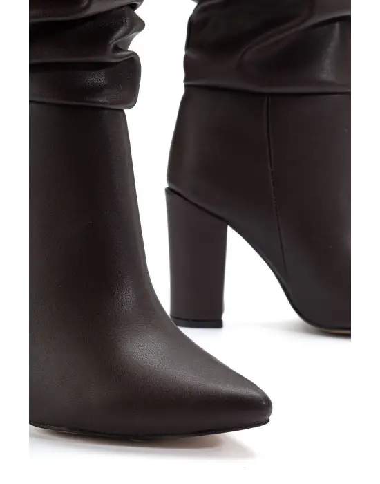 4807 Kahve Cilt Sivri Burun Körüklü Kalın Topuk Günlük Kadın Çizme