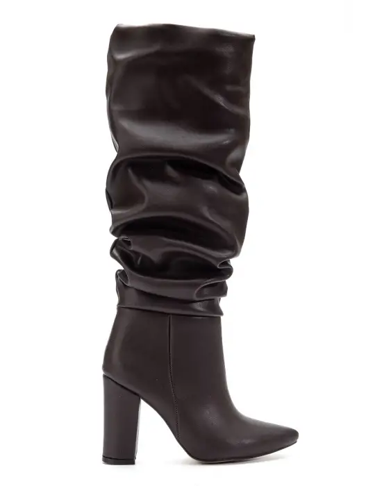 4807 Kahve Cilt Sivri Burun Körüklü Kalın Topuk Günlük Kadın Çizme