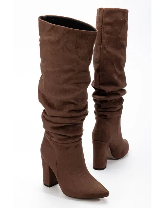 4807 Kahve Süet Sivri Burun Körüklü Kalın Topuk Günlük Kadın Çizme