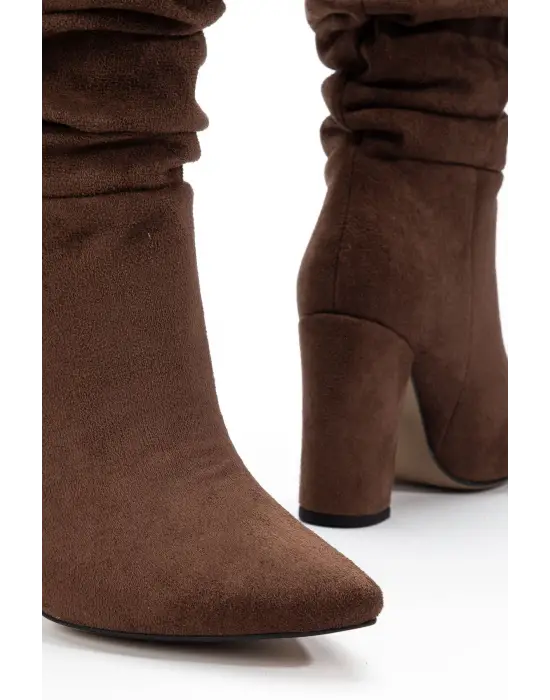 4807 Kahve Süet Sivri Burun Körüklü Kalın Topuk Günlük Kadın Çizme
