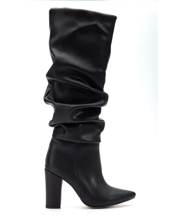 4807 Siyah Cilt Sivri Burun Körüklü Kalın Topuk Günlük Kadın Çizme
