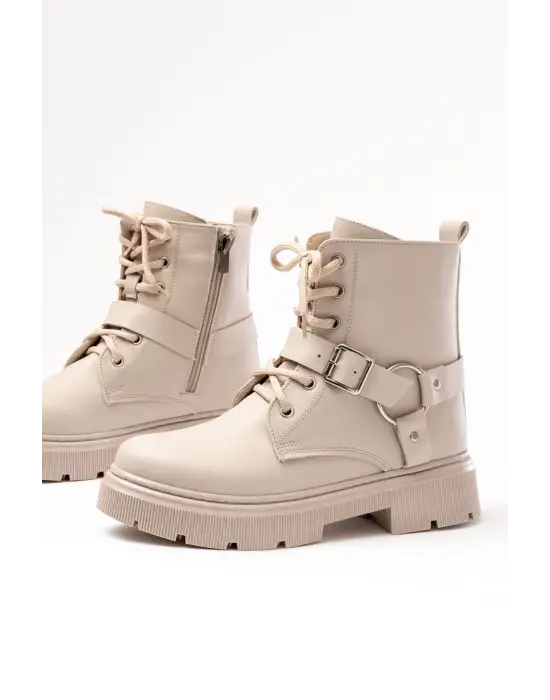 Bej Toka Aksesuarlı Fermuarlı Günlük Kadın Bot