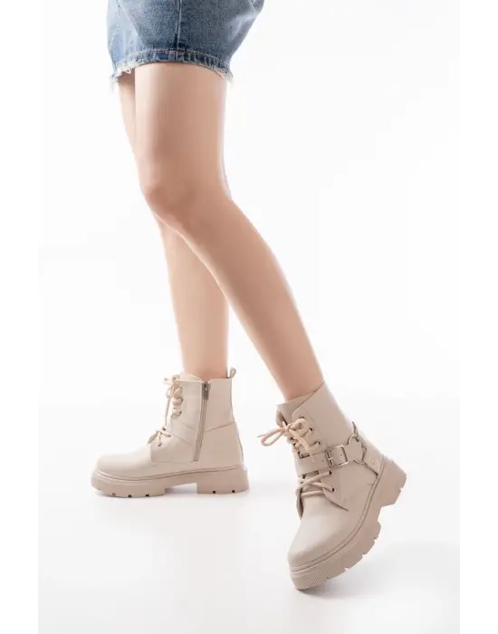 Bej Toka Aksesuarlı Fermuarlı Günlük Kadın Bot