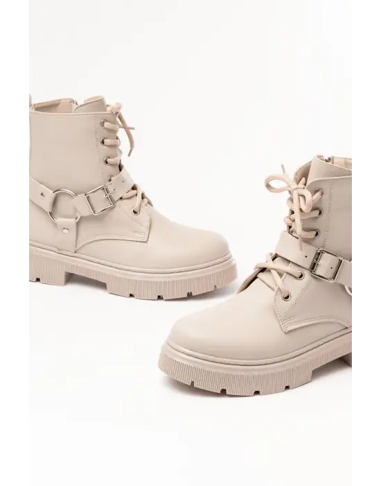 Bej Toka Aksesuarlı Fermuarlı Günlük Kadın Bot