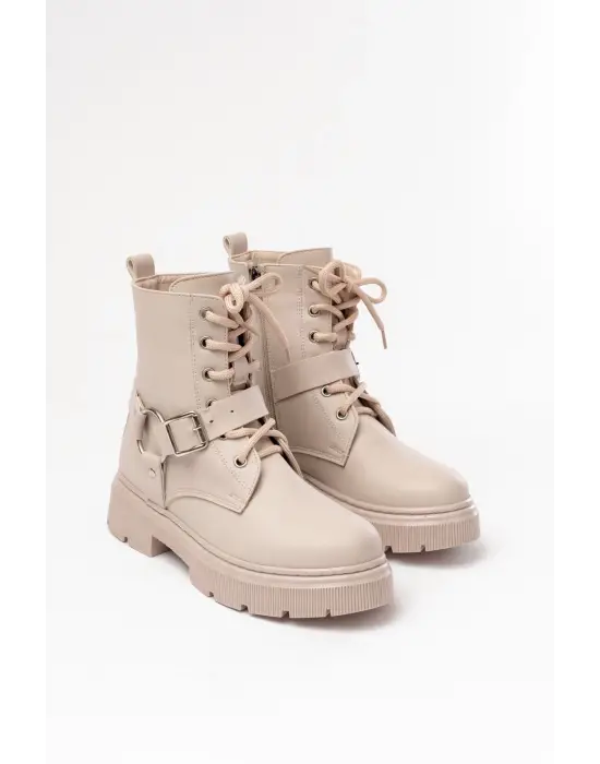 Bej Toka Aksesuarlı Fermuarlı Günlük Kadın Bot