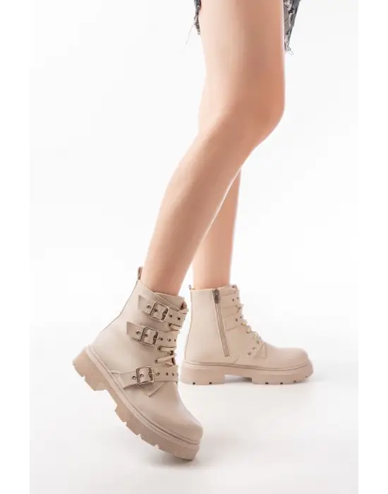 Bej Toka Aksesuarlı Fermuarlı Günlük Kadın Bot