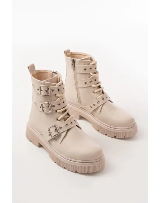 Bej Toka Aksesuarlı Fermuarlı Günlük Kadın Bot