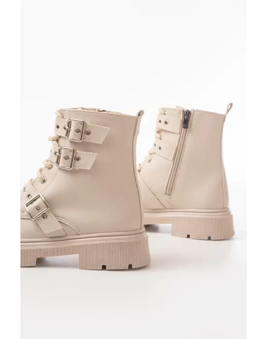 Bej Toka Aksesuarlı Fermuarlı Günlük Kadın Bot