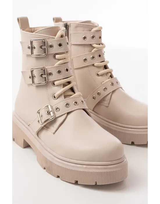 Bej Toka Aksesuarlı Fermuarlı Günlük Kadın Bot