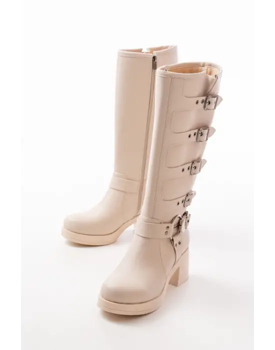 Bej Topuklu Fermuarlı Toka Aksesuarlı Günlük Kadın Çizme