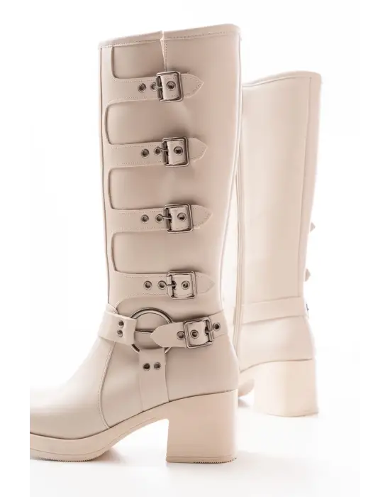 Bej Topuklu Fermuarlı Toka Aksesuarlı Günlük Kadın Çizme