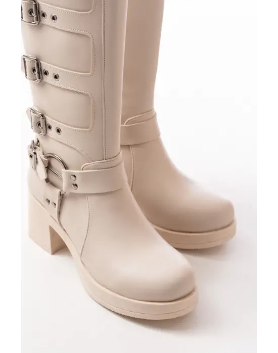 Bej Topuklu Fermuarlı Toka Aksesuarlı Günlük Kadın Çizme
