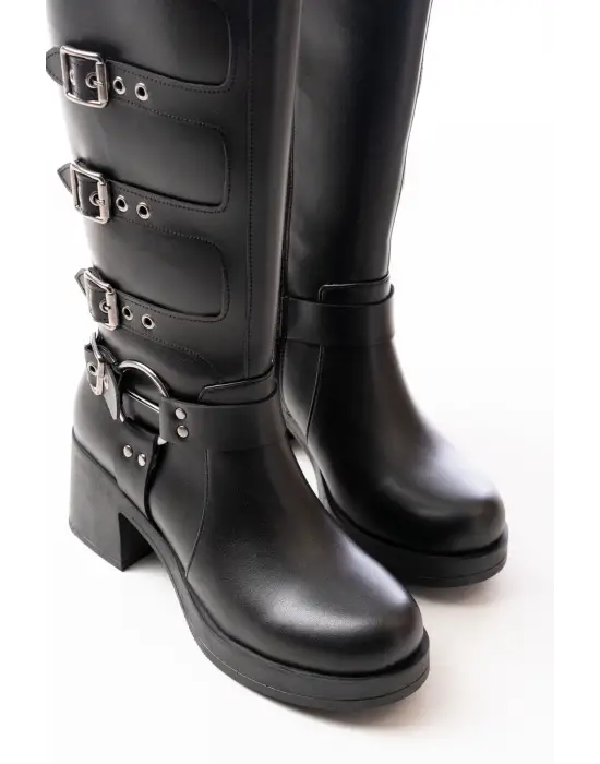 Siyah Topuklu Fermuarlı Toka Aksesuarlı Günlük Kadın Çizme