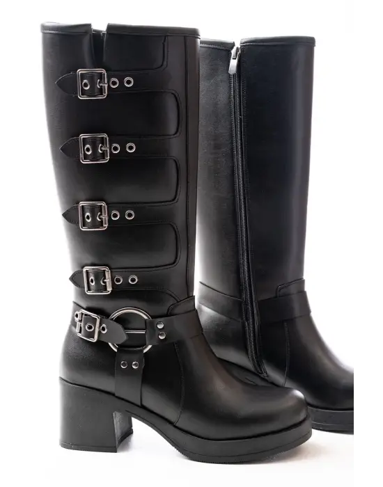 Siyah Topuklu Fermuarlı Toka Aksesuarlı Günlük Kadın Çizme