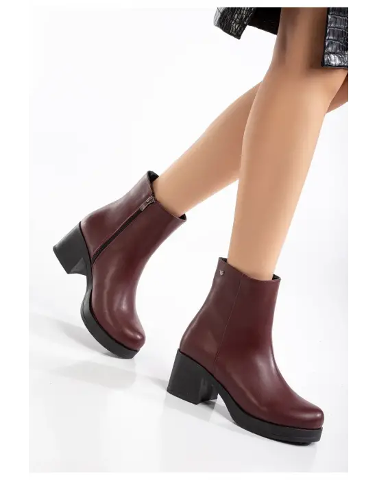 Bordo Fermuarlı Kalın Topuklu Günlük Kadın Bot