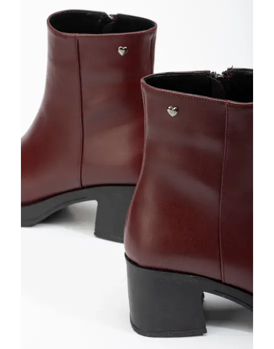 Bordo Fermuarlı Kalın Topuklu Günlük Kadın Bot