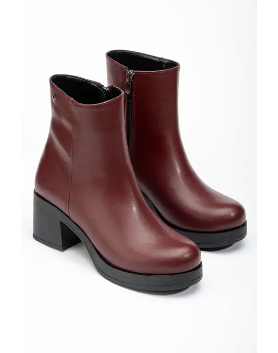 Bordo Fermuarlı Kalın Topuklu Günlük Kadın Bot