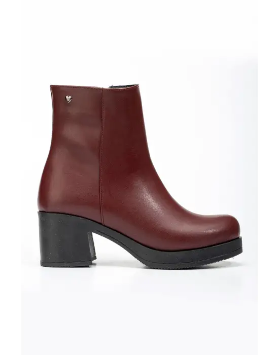 Bordo Fermuarlı Kalın Topuklu Günlük Kadın Bot