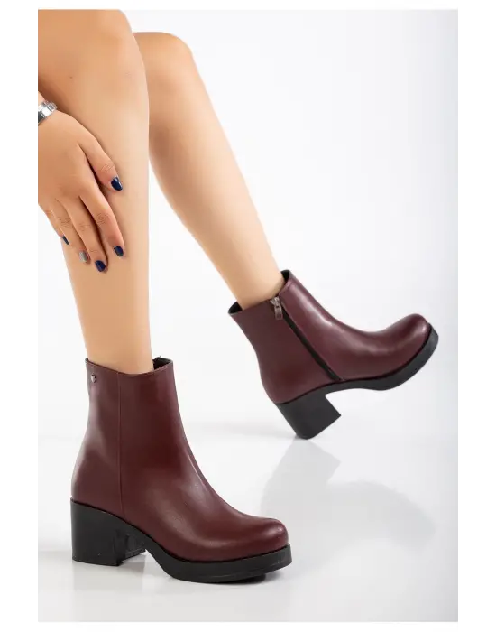 Bordo Fermuarlı Kalın Topuklu Günlük Kadın Bot