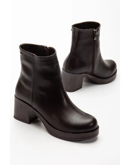 5109-3022 Kahve Fermuarlı Kalın Topuklu Günlük Kadın Bot