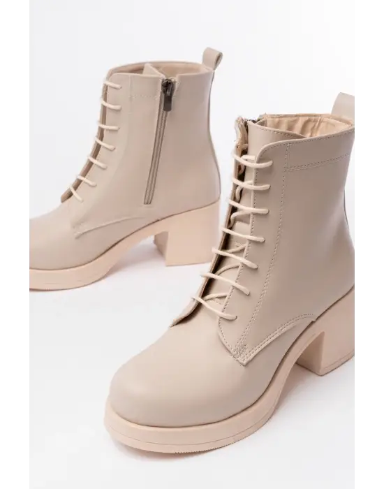 Bej Bağcıklı Fermuarlı Kalın Topuklu Günlük Kadın Bot