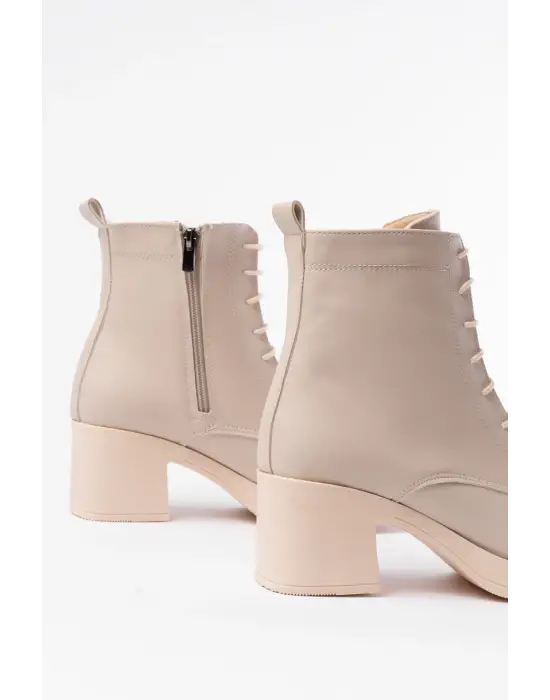 Bej Bağcıklı Fermuarlı Kalın Topuklu Günlük Kadın Bot