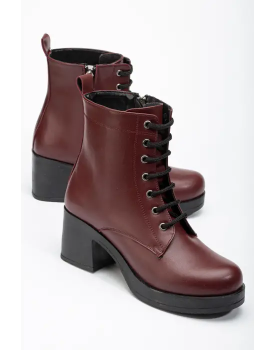 Bordo Bağcıklı Fermuarlı Kalın Topuklu Günlük Kadın Bot