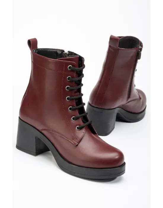 Bordo Bağcıklı Fermuarlı Kalın Topuklu Günlük Kadın Bot