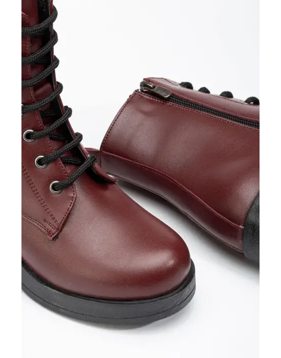 Bordo Bağcıklı Fermuarlı Kalın Topuklu Günlük Kadın Bot