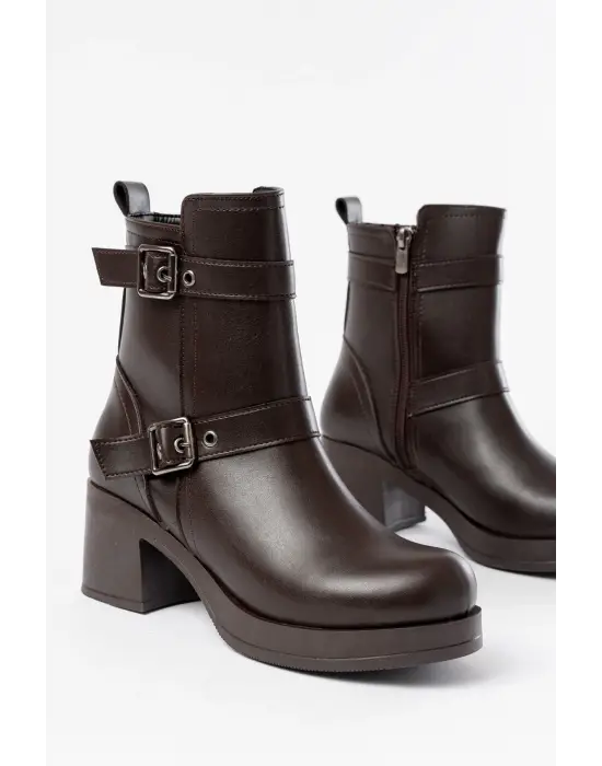 Kahverengi Topuklu Fermuarlı Günlük Kadın Bot