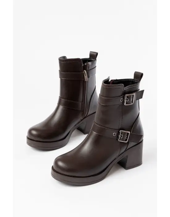 Kahverengi Topuklu Fermuarlı Günlük Kadın Bot