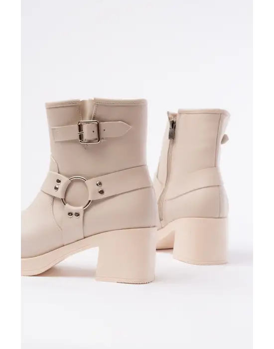 Bej Toka Aksesuarlı Fermuarlı Kalın Topuklu Günlük Kadın Bot