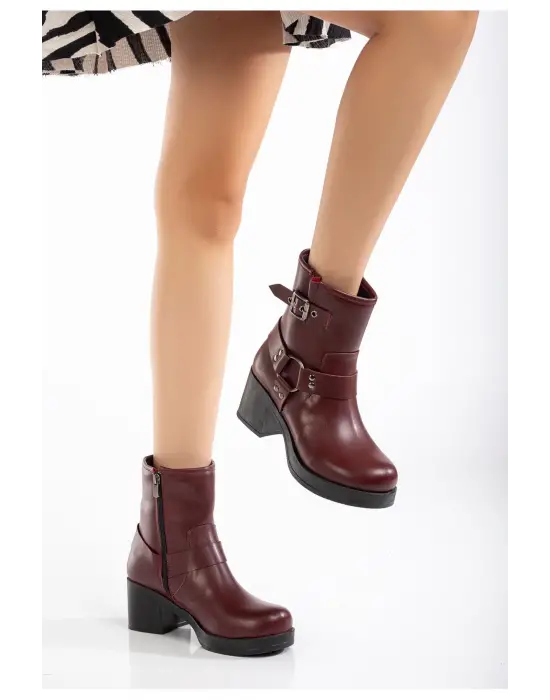Bordo Toka Aksesuarlı Fermuarlı Kalın Topuklu Günlük Kadın Bot