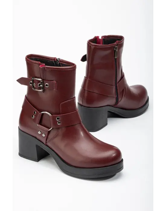 Bordo Toka Aksesuarlı Fermuarlı Kalın Topuklu Günlük Kadın Bot