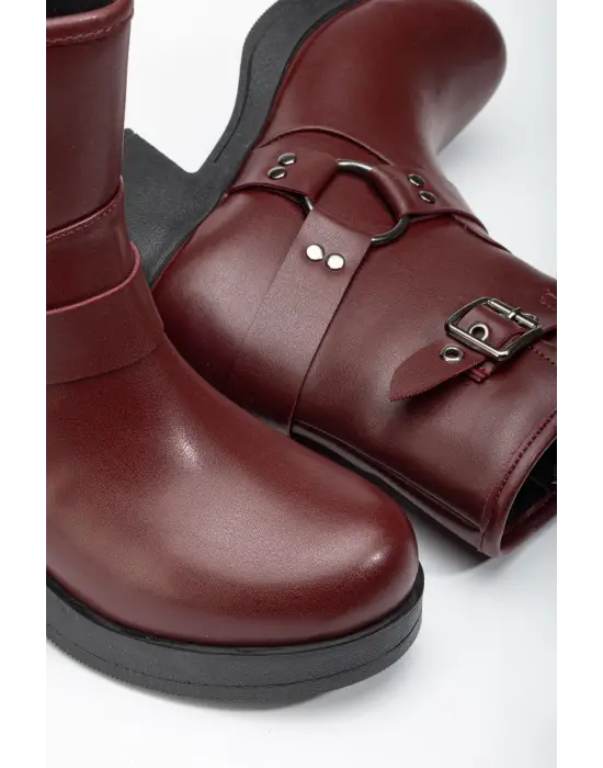 Bordo Toka Aksesuarlı Fermuarlı Kalın Topuklu Günlük Kadın Bot
