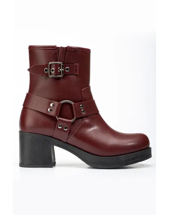 Bordo Toka Aksesuarlı Fermuarlı Kalın Topuklu Günlük Kadın Bot