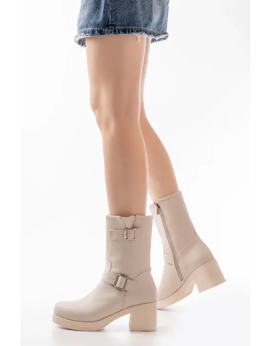Bej Toka Aksesuarlı Fermuarlı Kalın Topuklu Günlük Kadın Bot