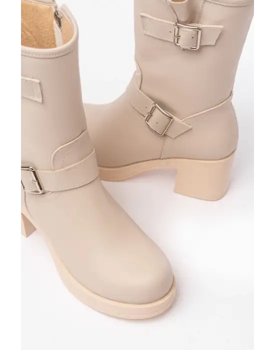 Bej Toka Aksesuarlı Fermuarlı Kalın Topuklu Günlük Kadın Bot