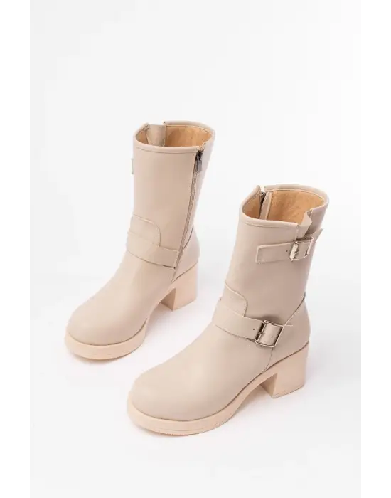 Bej Toka Aksesuarlı Fermuarlı Kalın Topuklu Günlük Kadın Bot