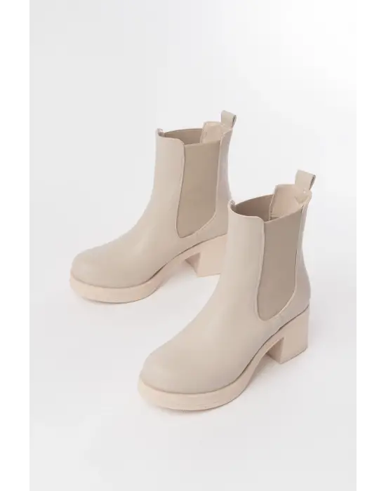 Bej Lastikli Fermuarlı Kalın Topuklu Günlük Kadın Bot