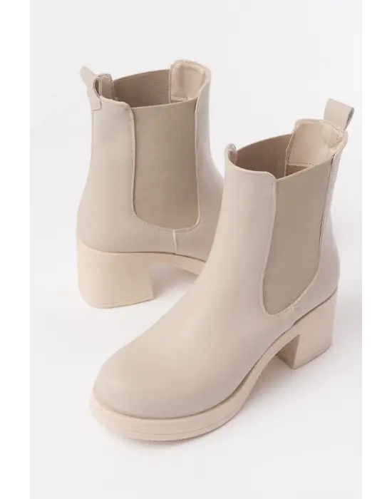 Bej Lastikli Fermuarlı Kalın Topuklu Günlük Kadın Bot