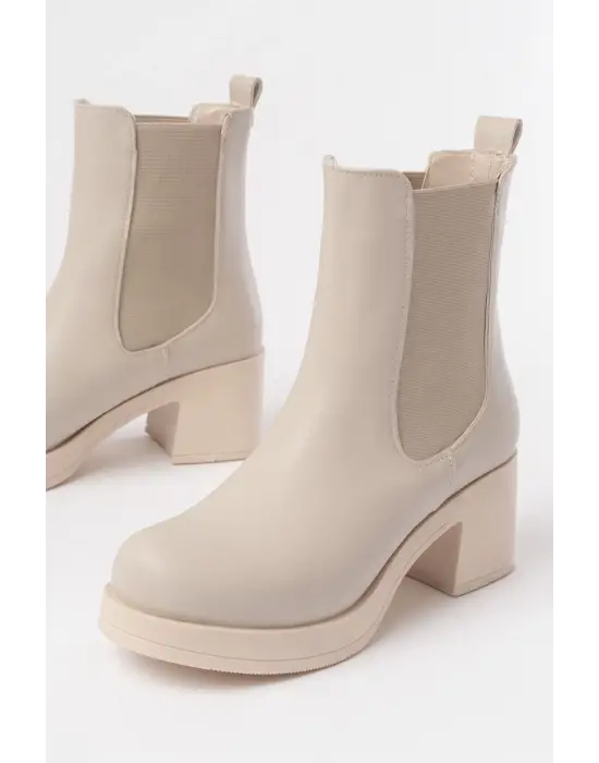 Bej Lastikli Fermuarlı Kalın Topuklu Günlük Kadın Bot