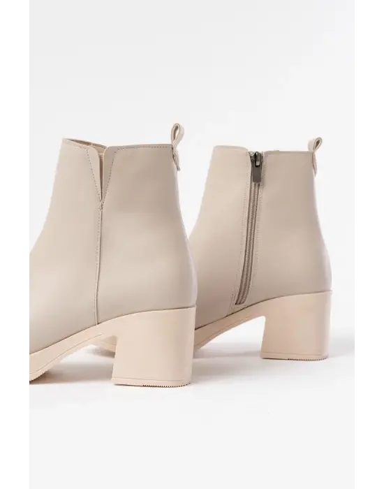 Bej Lastikli Fermuarlı Kalın Topuklu Günlük Kadın Bot