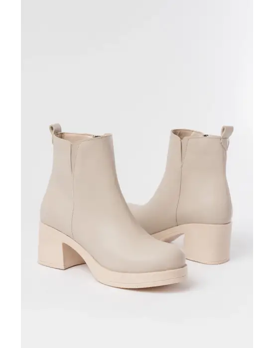 Bej Lastikli Fermuarlı Kalın Topuklu Günlük Kadın Bot
