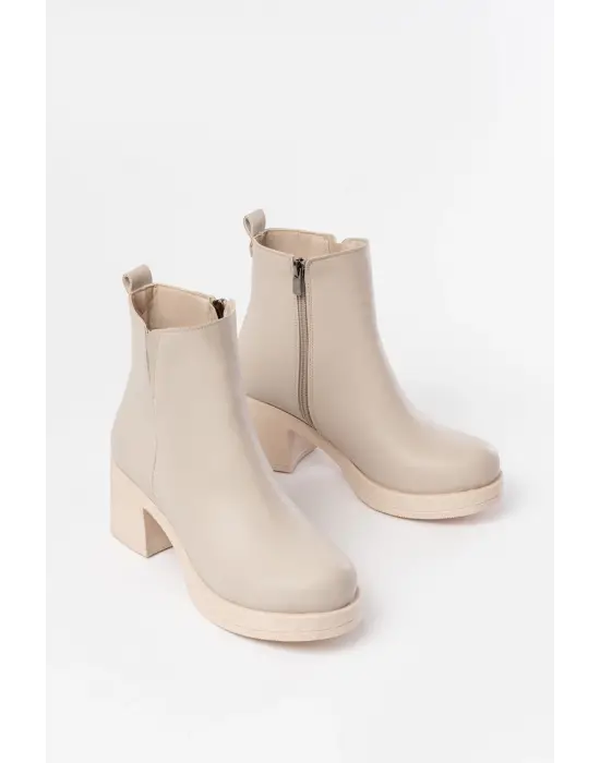 Bej Lastikli Fermuarlı Kalın Topuklu Günlük Kadın Bot